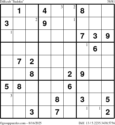 The grouppuzzles.com Difficult Sudoku puzzle for Saturday August 16, 2025 with the first 3 steps marked
