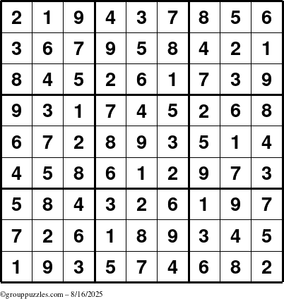 The grouppuzzles.com Answer grid for the Sudoku puzzle for Saturday August 16, 2025