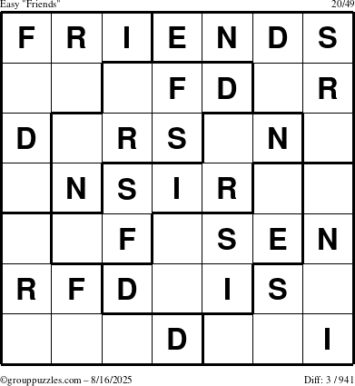 The grouppuzzles.com Easy Friends puzzle for Saturday August 16, 2025