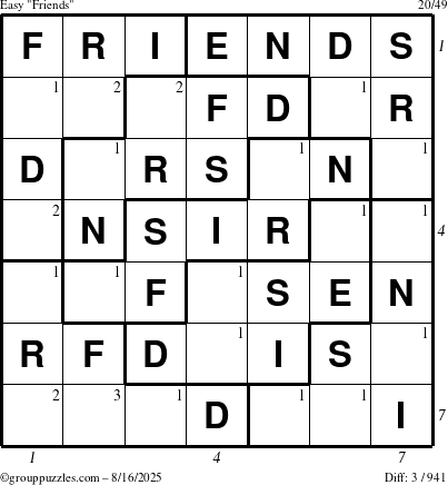 The grouppuzzles.com Easy Friends puzzle for Saturday August 16, 2025 with all 3 steps marked