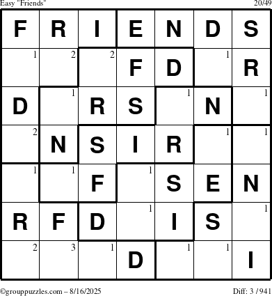 The grouppuzzles.com Easy Friends puzzle for Saturday August 16, 2025 with the first 3 steps marked