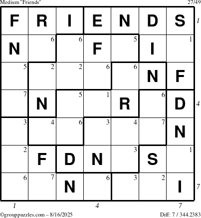 The grouppuzzles.com Medium Friends puzzle for Saturday August 16, 2025 with all 7 steps marked
