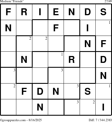 The grouppuzzles.com Medium Friends puzzle for Saturday August 16, 2025 with the first 3 steps marked