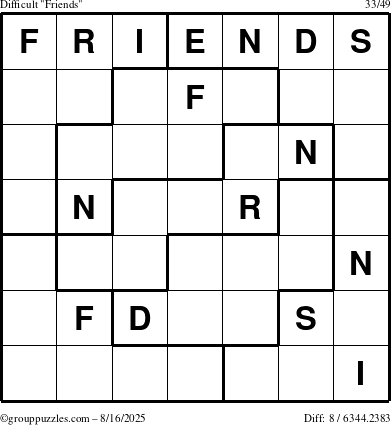 The grouppuzzles.com Difficult Friends puzzle for Saturday August 16, 2025
