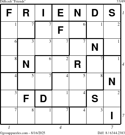 The grouppuzzles.com Difficult Friends puzzle for Saturday August 16, 2025 with all 8 steps marked