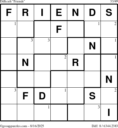 The grouppuzzles.com Difficult Friends puzzle for Saturday August 16, 2025 with the first 3 steps marked