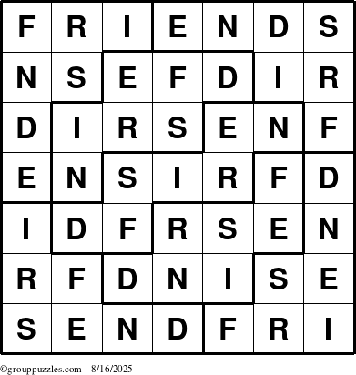 The grouppuzzles.com Answer grid for the Friends puzzle for Saturday August 16, 2025
