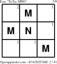 The grouppuzzles.com Easy TicTac-MNO puzzle for Saturday August 16, 2025 with the first 2 steps marked