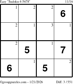 The grouppuzzles.com Easy Sudoku-4-5678 puzzle for Wednesday January 21, 2026 with the first 3 steps marked
