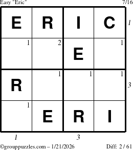 The grouppuzzles.com Easy Eric puzzle for Wednesday January 21, 2026, suitable for printing, with all 2 steps marked