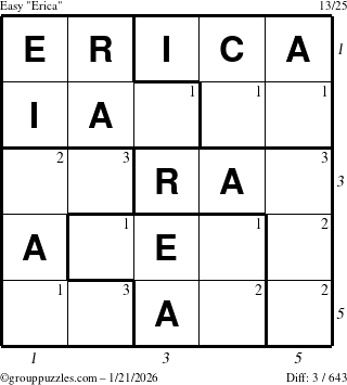 The grouppuzzles.com Easy Erica puzzle for Wednesday January 21, 2026 with all 3 steps marked