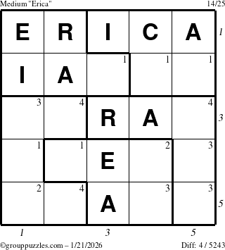 The grouppuzzles.com Medium Erica puzzle for Wednesday January 21, 2026, suitable for printing, with all 4 steps marked