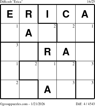 The grouppuzzles.com Difficult Erica puzzle for Wednesday January 21, 2026 with the first 3 steps marked
