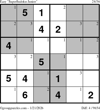 The grouppuzzles.com Easy SuperSudoku-Junior puzzle for Wednesday January 21, 2026 with the first 3 steps marked