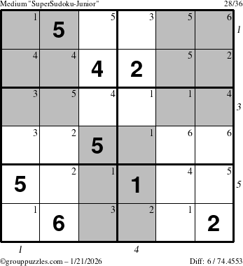 The grouppuzzles.com Medium SuperSudoku-Junior puzzle for Wednesday January 21, 2026, suitable for printing, with all 6 steps marked