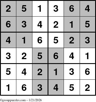 The grouppuzzles.com Answer grid for the SuperSudoku-Junior puzzle for Wednesday January 21, 2026