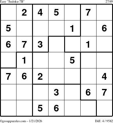 The grouppuzzles.com Easy Sudoku-7B puzzle for Wednesday January 21, 2026
