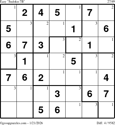 The grouppuzzles.com Easy Sudoku-7B puzzle for Wednesday January 21, 2026 with the first 3 steps marked