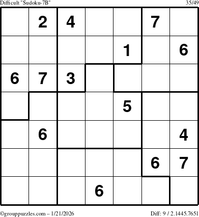 The grouppuzzles.com Difficult Sudoku-7B puzzle for Wednesday January 21, 2026