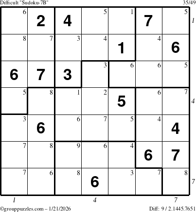 The grouppuzzles.com Difficult Sudoku-7B puzzle for Wednesday January 21, 2026 with all 9 steps marked