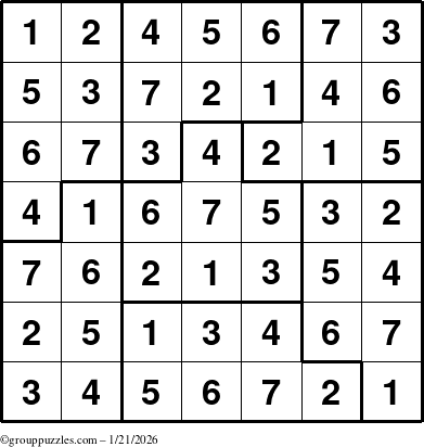 The grouppuzzles.com Answer grid for the Sudoku-7B puzzle for Wednesday January 21, 2026