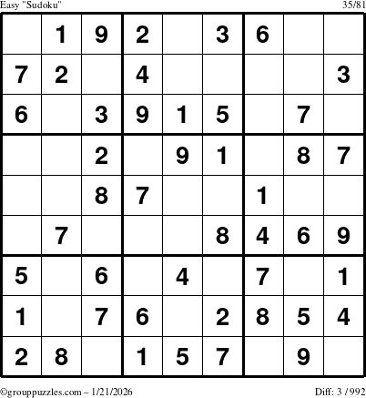 The grouppuzzles.com Easy Sudoku puzzle for Wednesday January 21, 2026