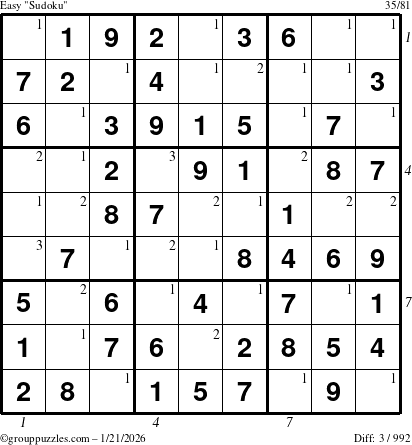 The grouppuzzles.com Easy Sudoku puzzle for Wednesday January 21, 2026, suitable for printing, with all 3 steps marked