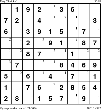The grouppuzzles.com Easy Sudoku puzzle for Wednesday January 21, 2026 with the first 3 steps marked