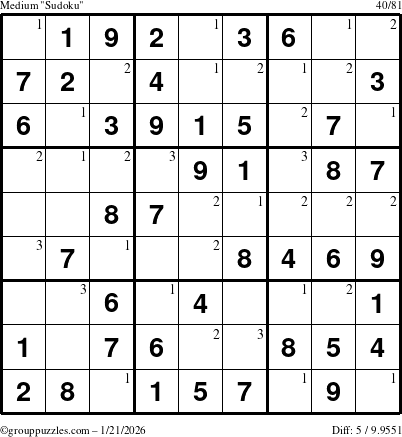 The grouppuzzles.com Medium Sudoku puzzle for Wednesday January 21, 2026 with the first 3 steps marked