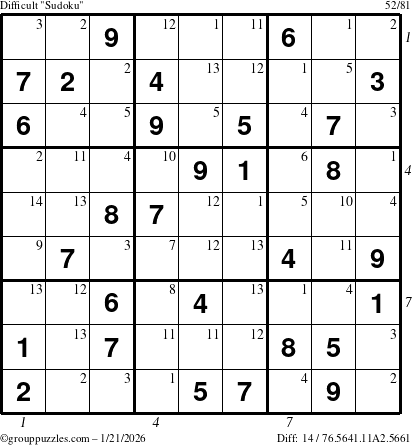 The grouppuzzles.com Difficult Sudoku puzzle for Wednesday January 21, 2026 with all 14 steps marked