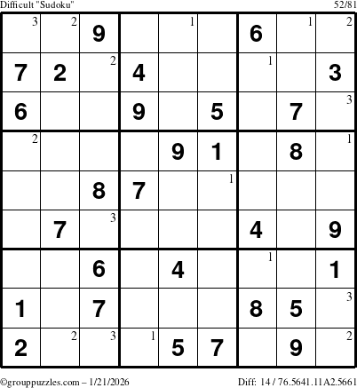 The grouppuzzles.com Difficult Sudoku puzzle for Wednesday January 21, 2026 with the first 3 steps marked