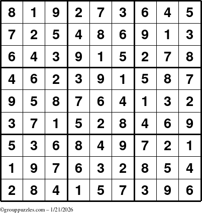 The grouppuzzles.com Answer grid for the Sudoku puzzle for Wednesday January 21, 2026