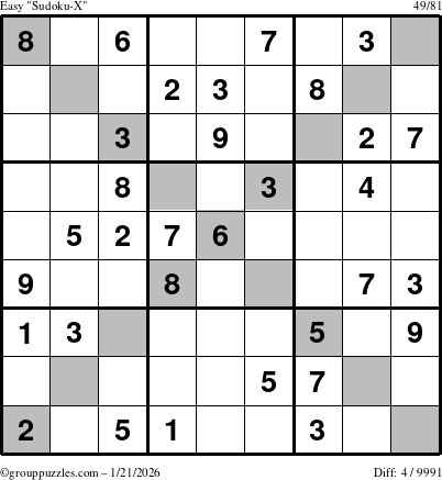 The grouppuzzles.com Easy Sudoku-X puzzle for Wednesday January 21, 2026