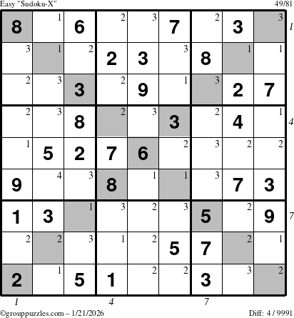 The grouppuzzles.com Easy Sudoku-X puzzle for Wednesday January 21, 2026, suitable for printing, with all 4 steps marked