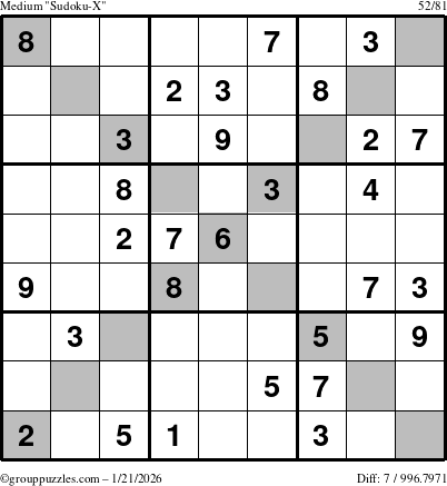 The grouppuzzles.com Medium Sudoku-X puzzle for Wednesday January 21, 2026