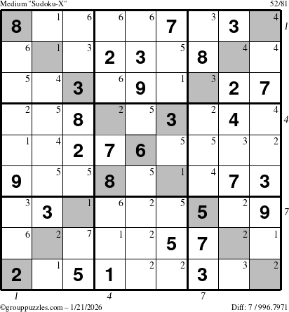 The grouppuzzles.com Medium Sudoku-X puzzle for Wednesday January 21, 2026 with all 7 steps marked