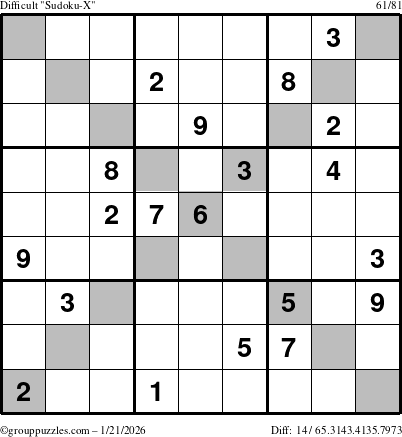 The grouppuzzles.com Difficult Sudoku-X puzzle for Wednesday January 21, 2026