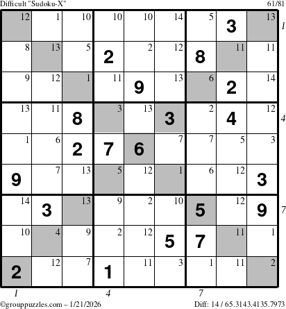 The grouppuzzles.com Difficult Sudoku-X puzzle for Wednesday January 21, 2026 with all 14 steps marked