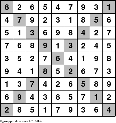 The grouppuzzles.com Answer grid for the Sudoku-X puzzle for Wednesday January 21, 2026