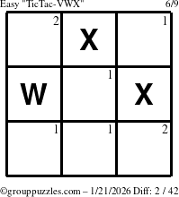 The grouppuzzles.com Easy TicTac-VWX puzzle for Wednesday January 21, 2026 with the first 2 steps marked