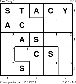 The grouppuzzles.com Easy Stacy puzzle for Monday December 29, 2025, suitable for printing, with all 3 steps marked
