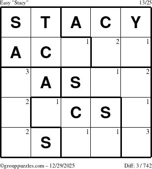 The grouppuzzles.com Easy Stacy puzzle for Monday December 29, 2025 with the first 3 steps marked