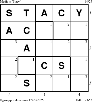 The grouppuzzles.com Medium Stacy puzzle for Monday December 29, 2025 with all 3 steps marked