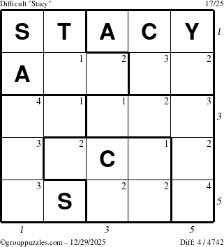 The grouppuzzles.com Difficult Stacy puzzle for Monday December 29, 2025, suitable for printing, with all 4 steps marked