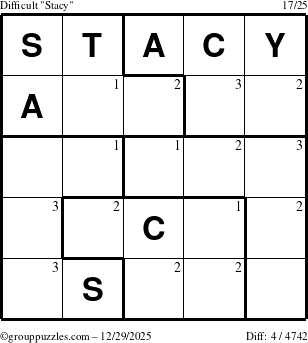 The grouppuzzles.com Difficult Stacy puzzle for Monday December 29, 2025 with the first 3 steps marked