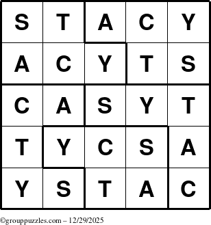 The grouppuzzles.com Answer grid for the Stacy puzzle for Monday December 29, 2025
