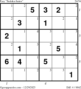 The grouppuzzles.com Easy Sudoku-Junior puzzle for Monday December 29, 2025, suitable for printing, with all 4 steps marked