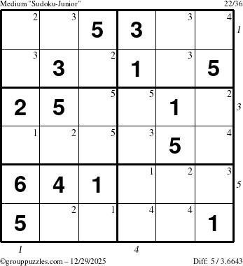 The grouppuzzles.com Medium Sudoku-Junior puzzle for Monday December 29, 2025 with all 5 steps marked