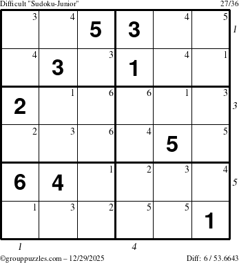 The grouppuzzles.com Difficult Sudoku-Junior puzzle for Monday December 29, 2025 with all 6 steps marked