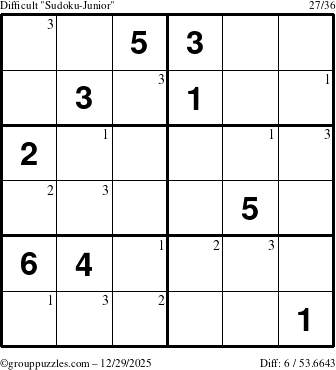 The grouppuzzles.com Difficult Sudoku-Junior puzzle for Monday December 29, 2025 with the first 3 steps marked